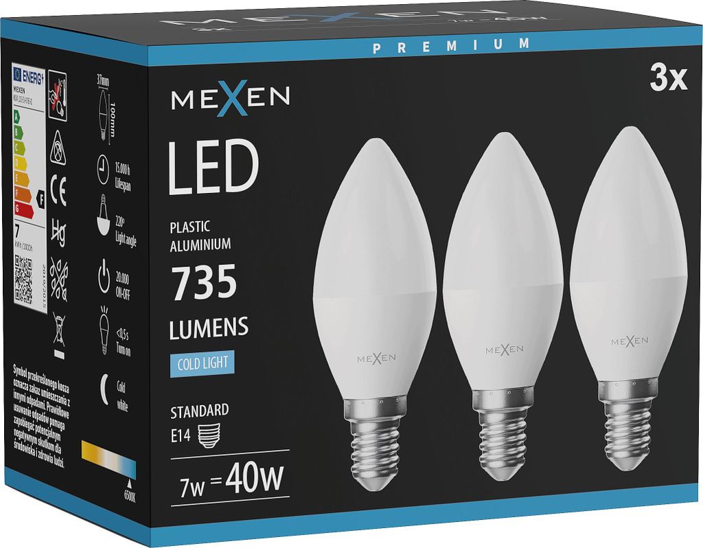 Mexen Nova 3x LED-Glühbirne E14, C37, 7W, Kalt - 6500K, 735 lm - L102-E14-0765-01x03