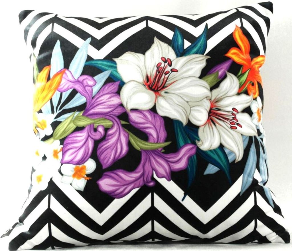 Casa Padrino Wohnzimmer Kissen Georgia Flowers Schwarz / Weiß / Mehrfarbig Lilie 45 x 45 cm - Feinster Samtstoff - Luxus Deko Accessoires