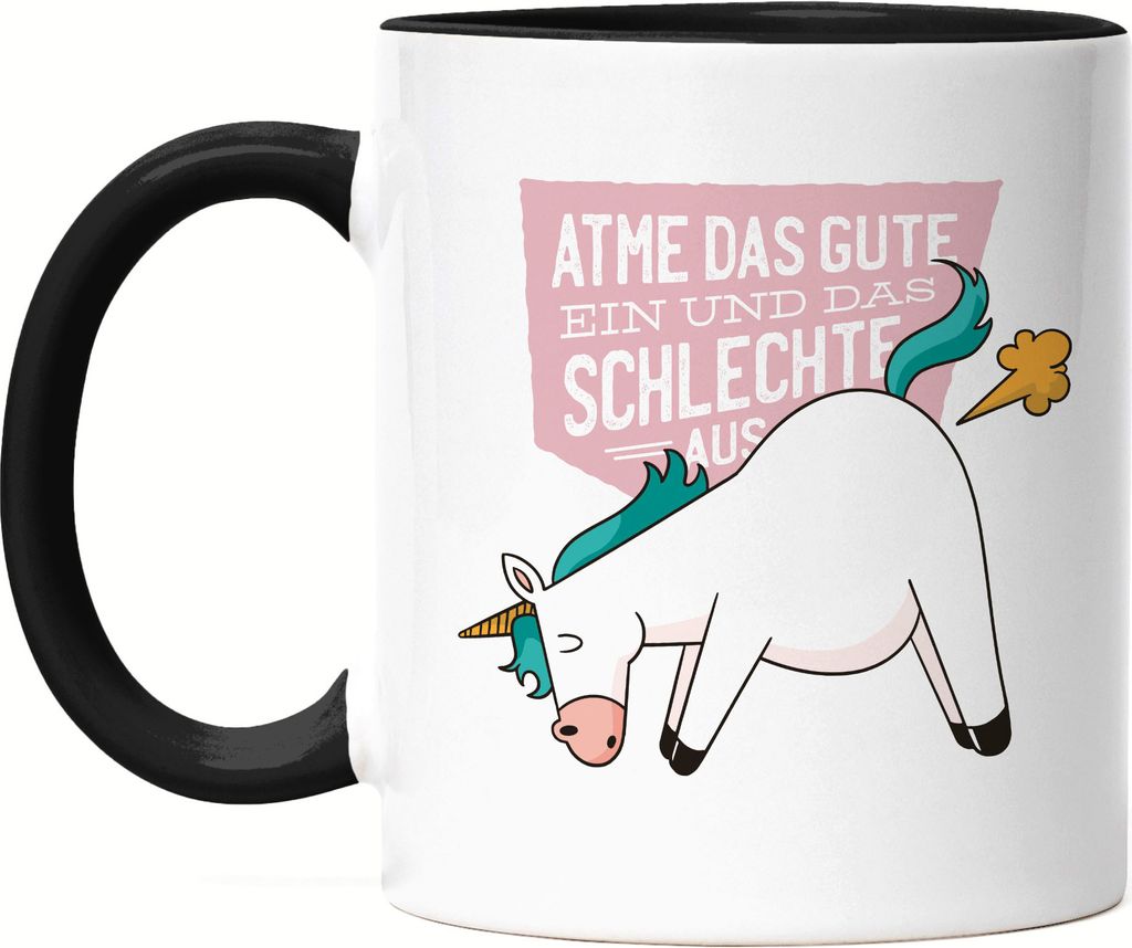 Atme Das Gute Ein Und Das Schlechte Aus Tasse Schwarz Einhorn Geschenkidee Mental Health Positives Denken