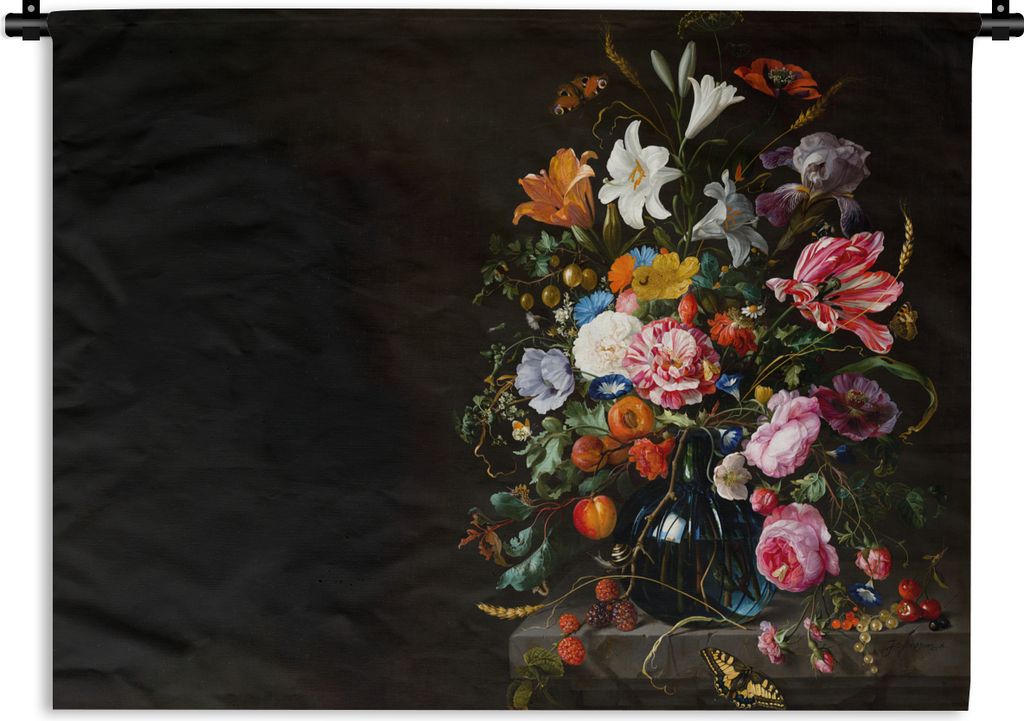MuchoWow Wandteppich Wandbehang Alte Meister - Kunst - Vase mit Blumen - Jan Davidsz de Heem 90x67.5 cm Tapisserie Dekoration Wandtuch - Fototepp...