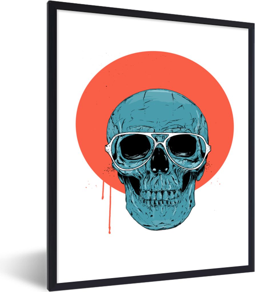 MuchoWow Gerahmtes Poster Totenkopf - Blau - Brille - Mond - Orange 30x40 cm - Poster mit Schwarzem Bilderrahmen Wandposter Rahmen Foto Bilder - ...