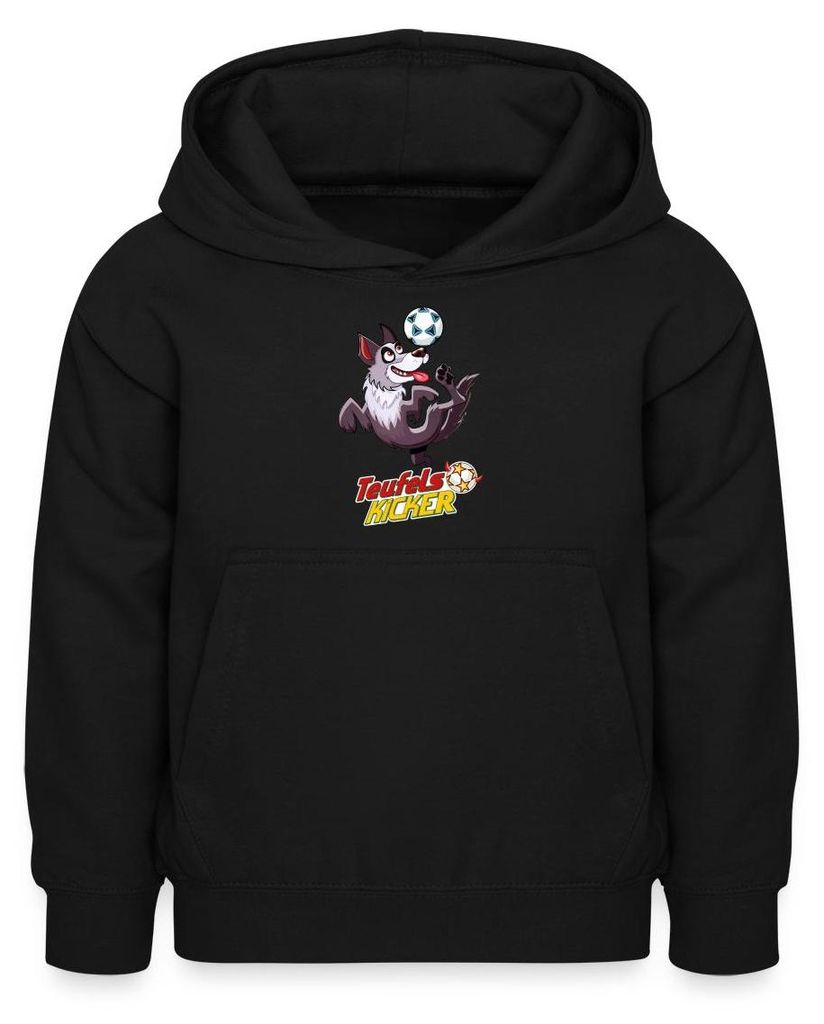 Spreadshirt Teufelskicker Hund Cico Mit Fußball Kinder Hoodie, M (7/8 Jahre), Schwarz