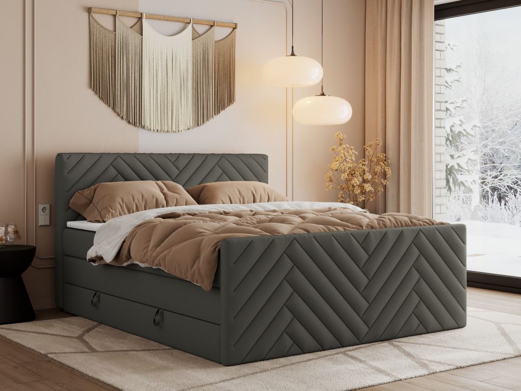 MKS MEBLE Boxspringbett 180x200 mit Bettkasten Matratze H3 - Paris King Duo - Grau Kunstleder