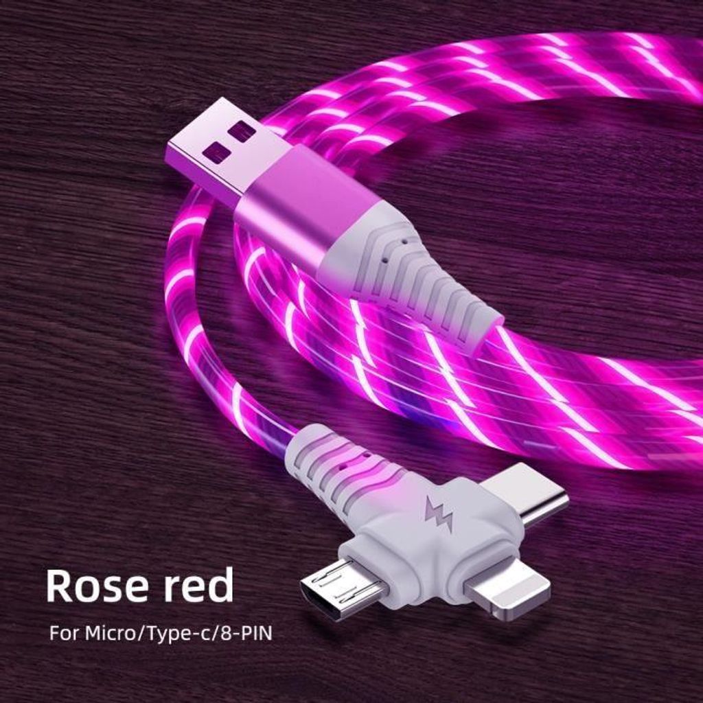 1 m langes 3-in-1-LED-USB-Kabel, Micro-USB auf Typ C (8-polig), Ladekabel für Samsung und iPhone 12, – Rotes Licht