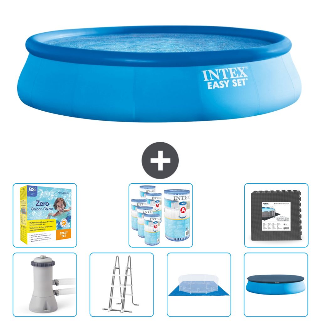 Intex runder aufblasbarer Easy Set-Schwimmpool – 457 x 107 cm – Blau – inklusive Pumpe – Leiter – Bodenplane – Abdeckung Wartungspaket ...