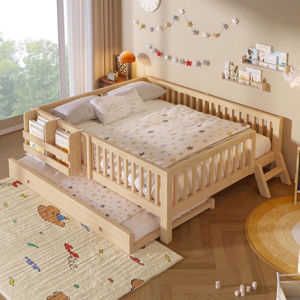 MODFU Plattformbett 140 x 200 mit zwei Matratze,Kinderbett mit Ausziehbett(Rollbett),Doppelbett mit Rausfallschutz und Lattenrost,Holzfarbe