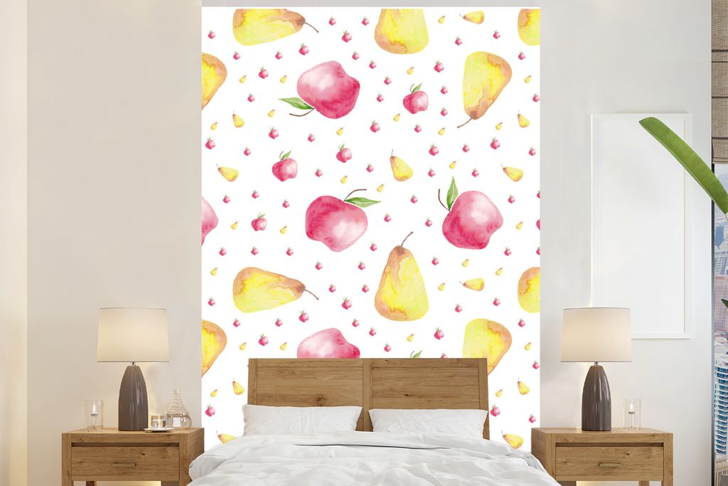 MuchoWow Fototapete für Wohnzimmer oder Schlafzimmer Wandtapete Vinyl Motivtapete Obst - Aquarell - Muster - 200x300 cm - Wanddekorationen