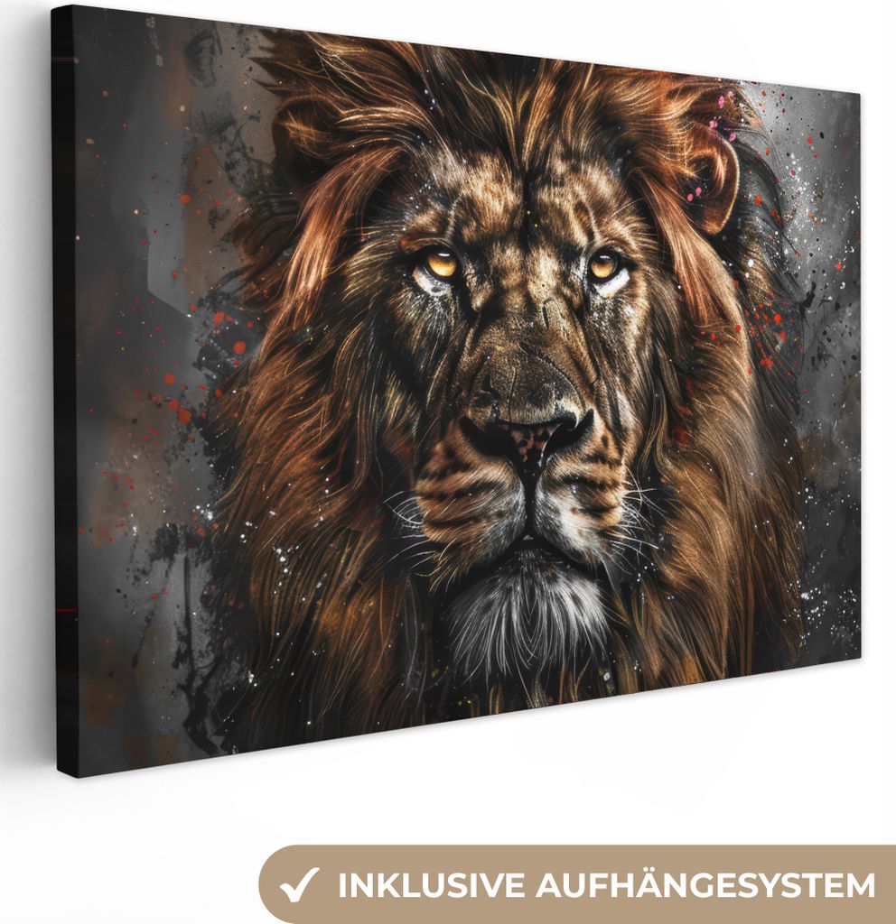 MuchoWow - Leinwandbilder - Löwe - Tiere - Porträt - Schwarz - Luxus, Wandbild, Wanddeko Bilder Wohnzimmer, 60x40 cm