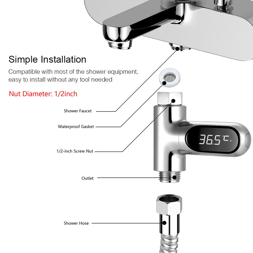 Digitales LED-Duschthermometer Batteriefreier Echtzeit-Wassertemperaturmonitor