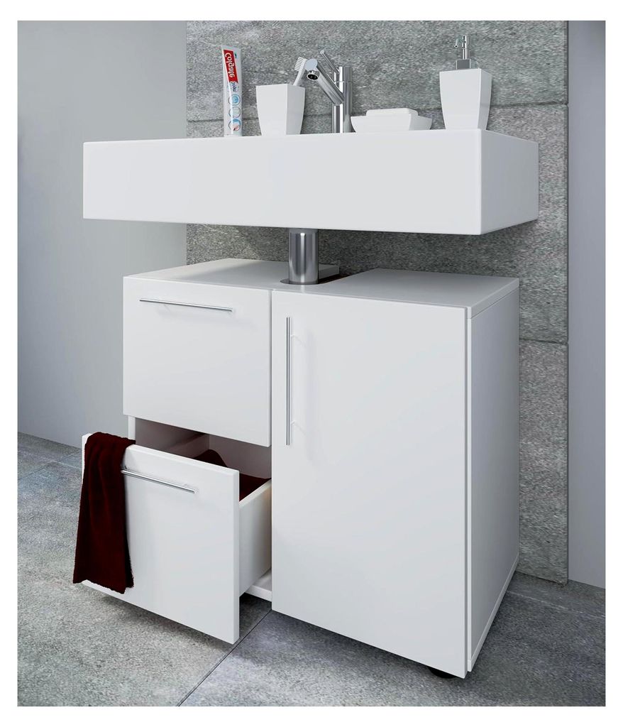 Waschbeckenunterschrank aus Holz | Badschrank | Maße: H. 51 x B. 61 x T. 32 cm | 1 Drehtür | 2 große Schubladen | modernes Badezimmermöbel