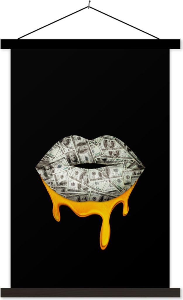 MuchoWow Textilposter Lippen - Geld - Schwarz und Weiß 60x90 cm mit schwarzem Rahmen - Poster Wohnzimmer