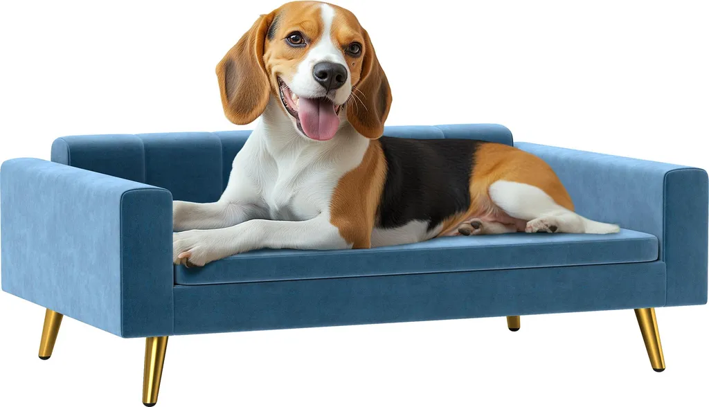 Canapé pour chien avec coussin moelleux et pieds inox design bleu 94cm