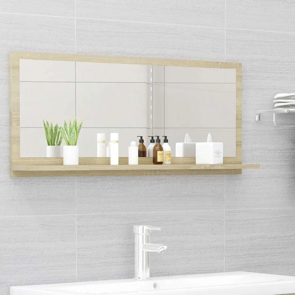 Miroir mural salle de bains chêne Sonoma avec tablette de rangement 90cm - 2