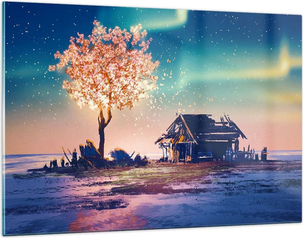 Bilder auf glas - Baum Haus Nacht Sterne - 120x80cm - Glasbilder - Wandbilder - Kunstdruck - zum Aufhängen bereit - Wanddekoration aus Glas - Glas...