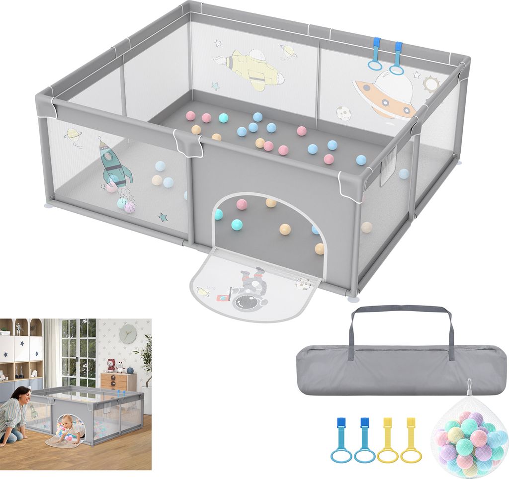 LARS360 Baby Laufstall 150 x 180 cm, Grau mit Astronautenmotiven, Spielbereich mit Rutschfester Basis, Tragbarem Spielzelt und Schutzgitter für Babys