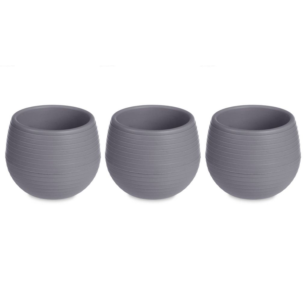 Three identical gray planters are arranged in a row against a white background.