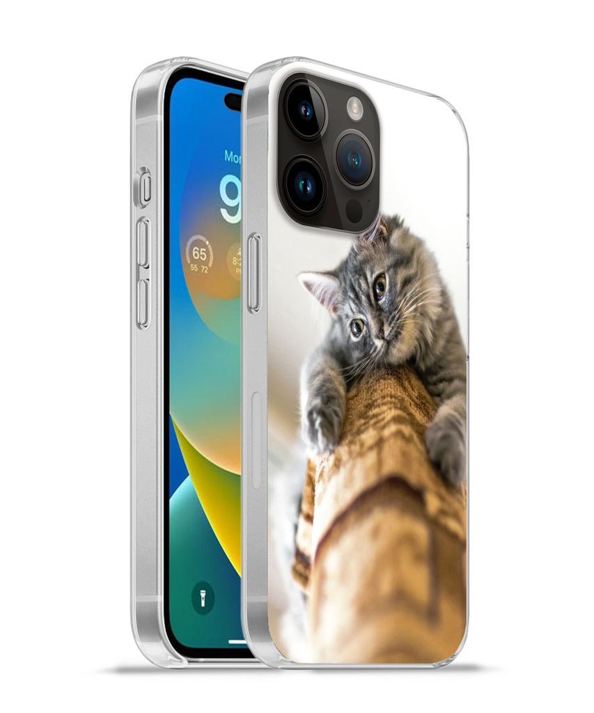 MuchoWow Handyhülle Schutzhülle Hülle für Apple iPhone 14 Pro Max Katze - Kratzbaum - Grau Silikon Softcase Handy Hülle - Hardcover