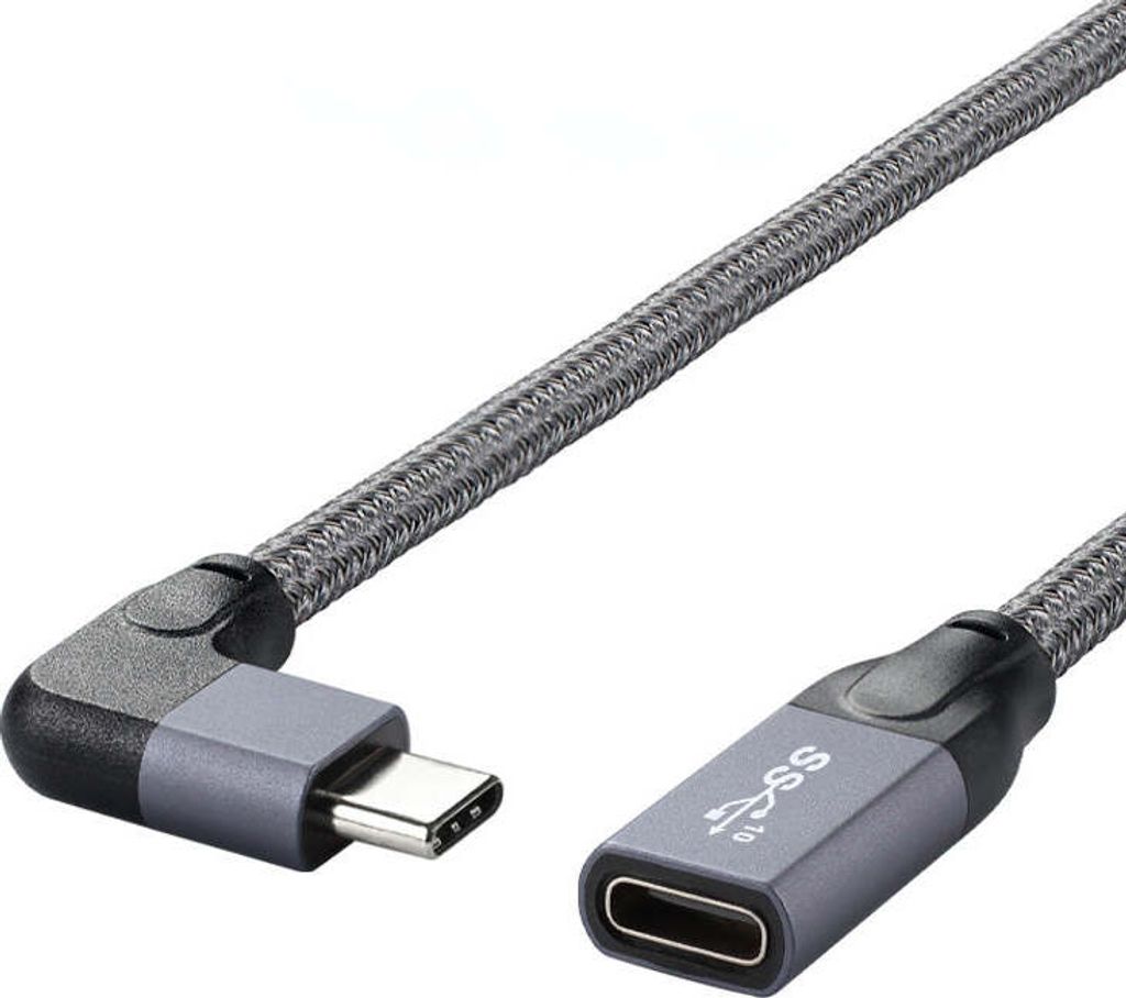 SYSTEM-S USB 3.1 Gen 2 Kabel 100cm Typ C Stecker zu Buchse geflochten Winkel Grau
