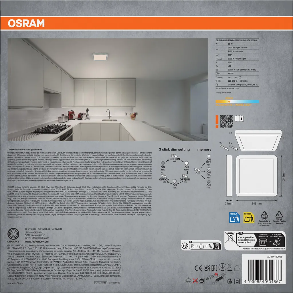 Offerta Plafoniera LED Orbis Quickfix 20W Quadrata Click Dim Argento - 3