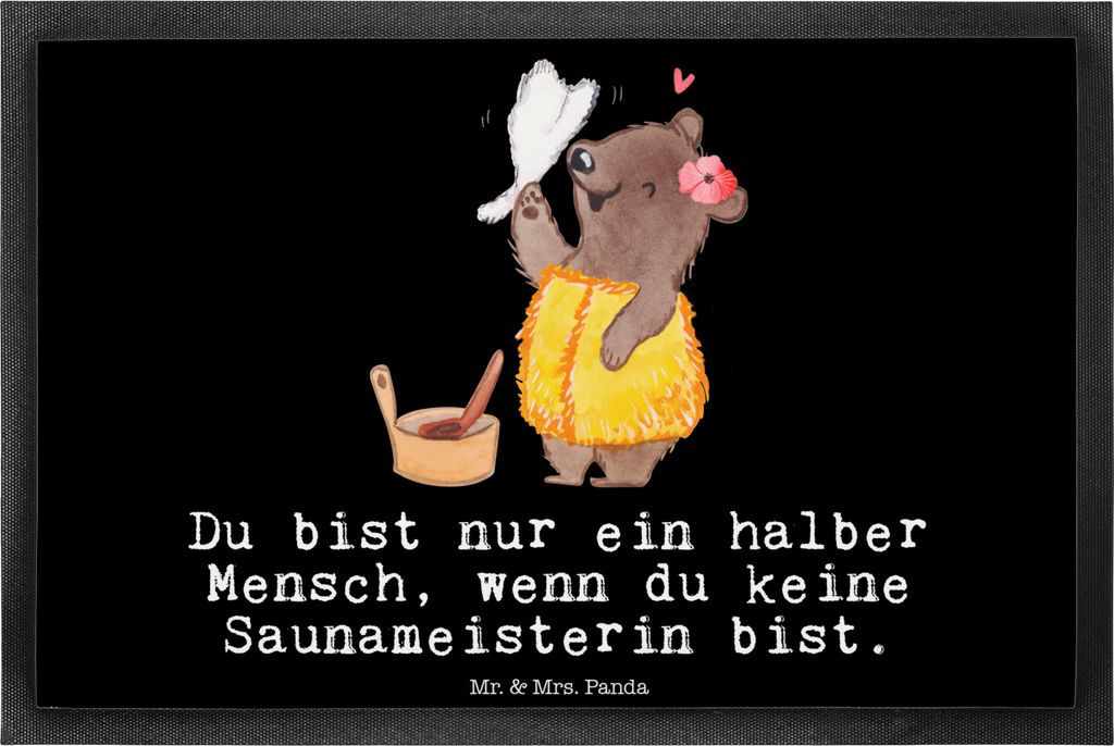 Mr. & Mrs. Panda Fussmatte Saunameisterin Herz 40 x 60 cm - Schwarz - Geschenk, Fußabstreifer, fußmatte, Schmutzmatte, abstreifer, Schmutzfangmatte