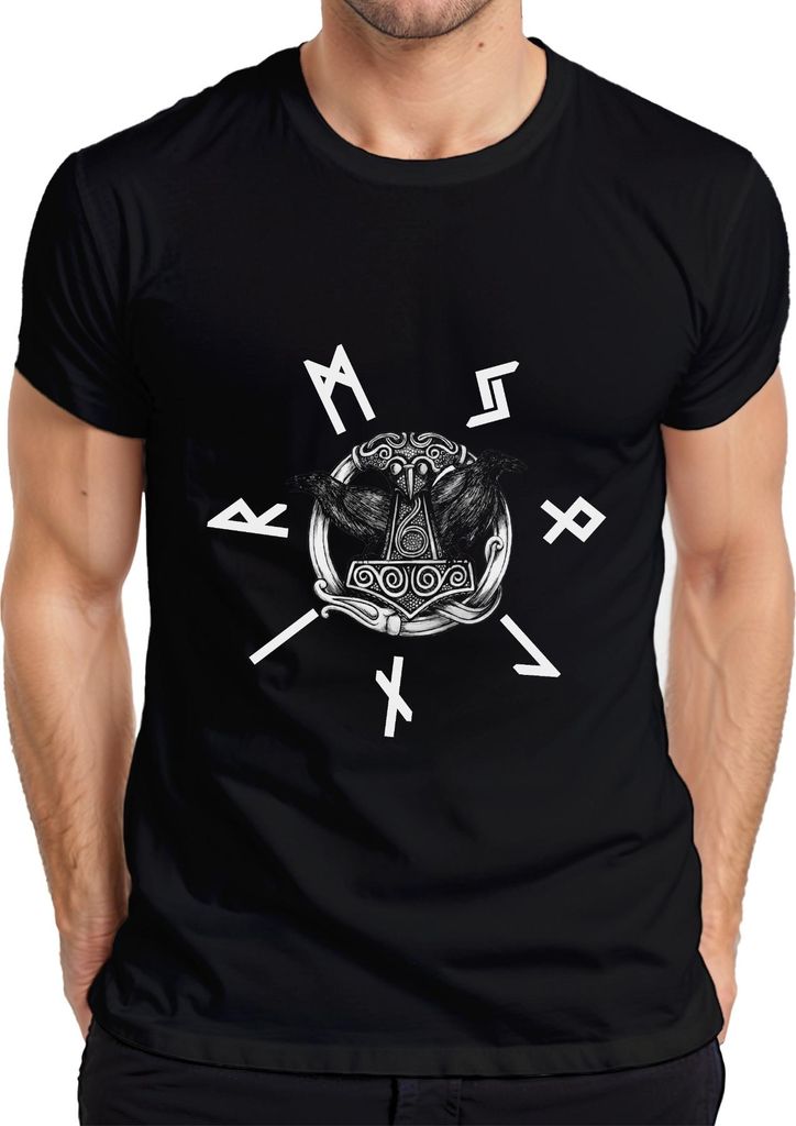 Wikinger Thorhammer Mjölnir Odin Raben nordische Runen Mythologie Herren T-Shirt, Schwarz, 3XL