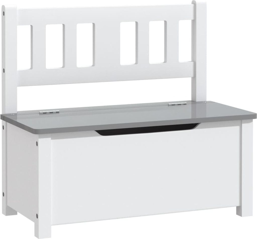 A white toy chest bench with a gray lid and a slatted backrest.