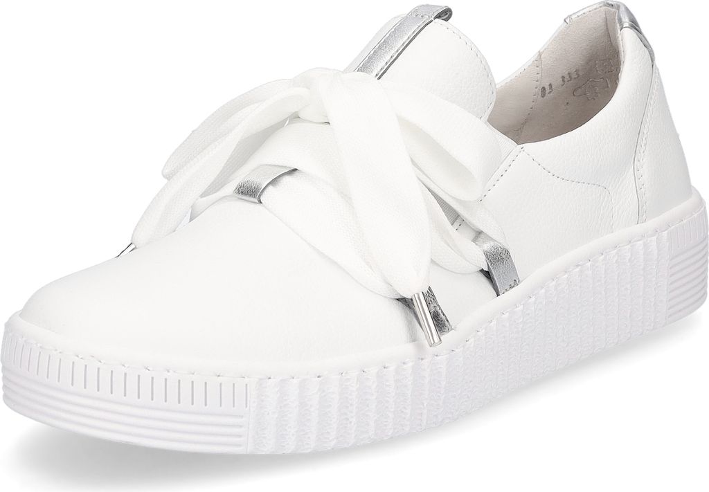 A white leather sneaker with white ribbon laces and silver accents.