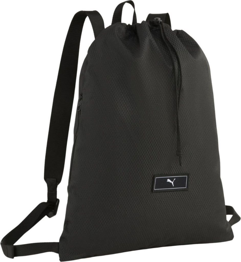 A black Puma gym sack is shown against a white background.