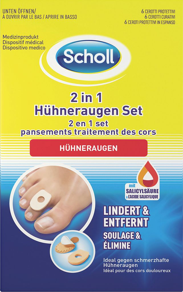Packaging for Scholl 2in1 Hühneraugen Set, showing a foot with the product applied.
