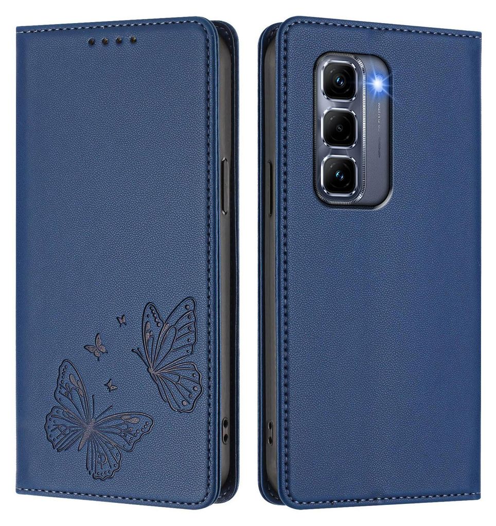 Lederhülle für Infinix Hot 50 Pro+ 4G, Schmetterling Prägung Leder Brieftasche Schutzhülle mit Ständer Dunkelblau