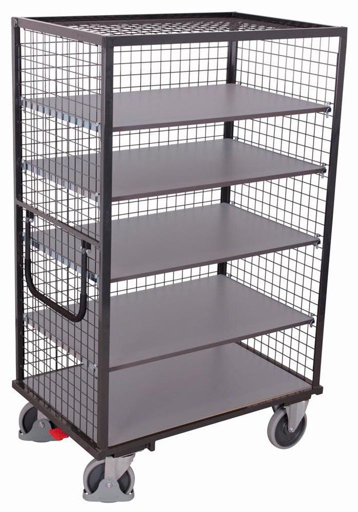 VARIOfit Etagenwagen, außen vergittert mit Schiebebügel und 5 Ladeflächen 1245x785mm Anthrazitgrau RAL 7016