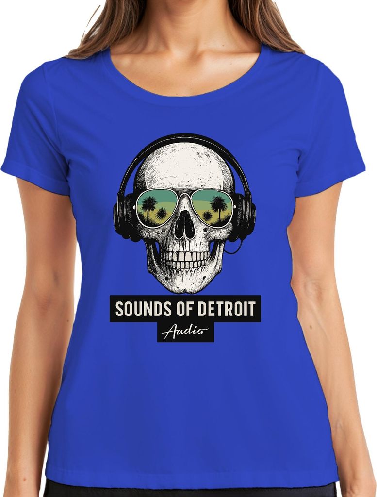 Sounds of Detroit Audio Totenkopf Kopfhörer Techno DJ Retro Club Damen T-Shirt, Blau, M
