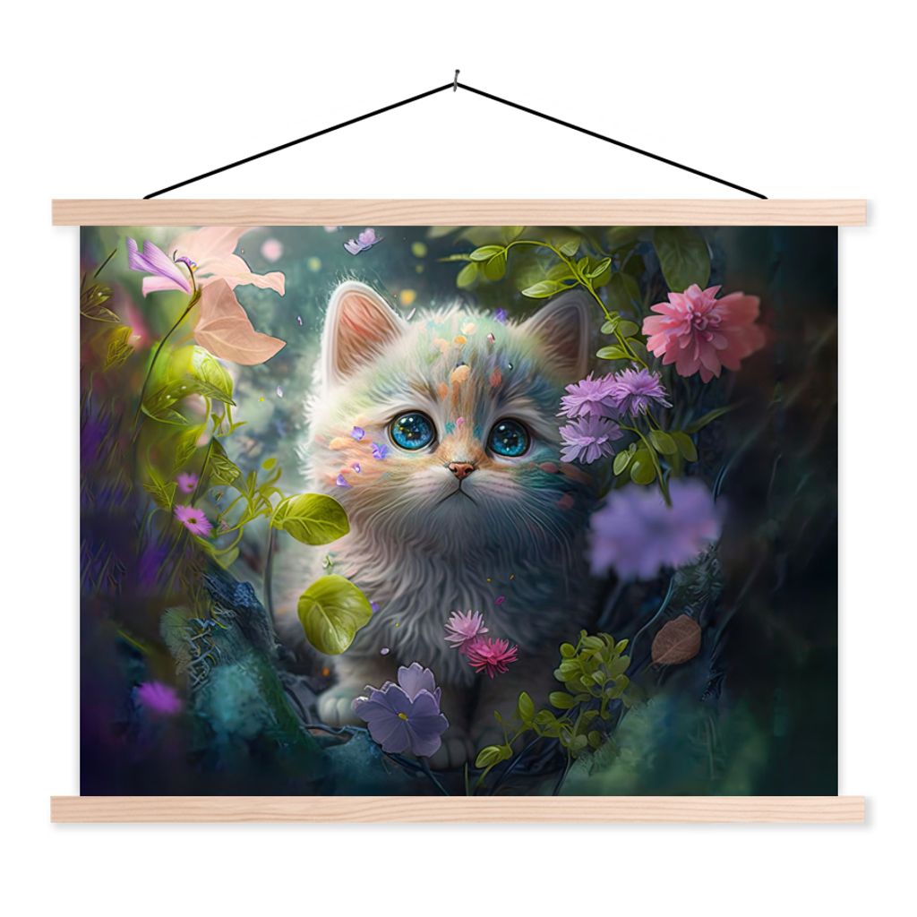 MuchoWow Textilposter Kätzchen - Blumen - Wald - Illustration - Katze 60x45 cm mit holzfarbenen Rahmen - Bild