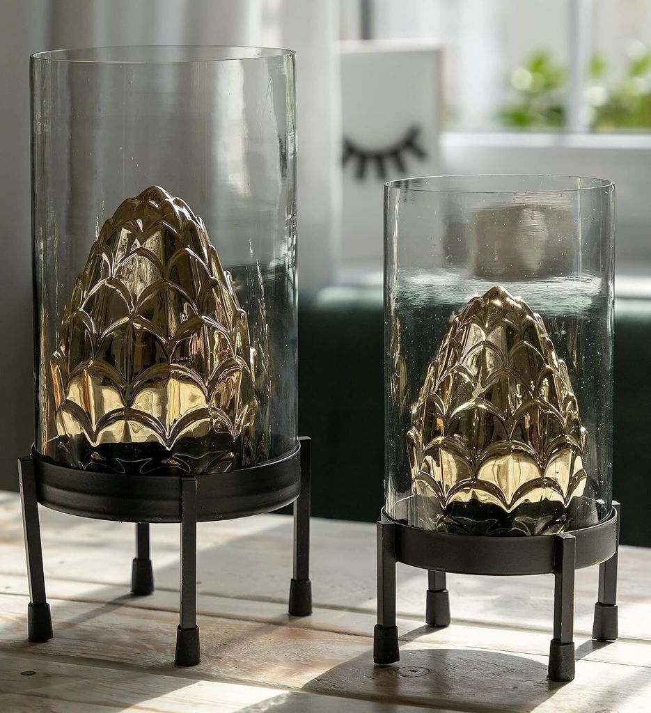 Windlicht 2er Set Deko Laternen für draußen & drinnen 2 Größen 22x14cm und 26x17cm, modern Metall für Kerzen schwarz