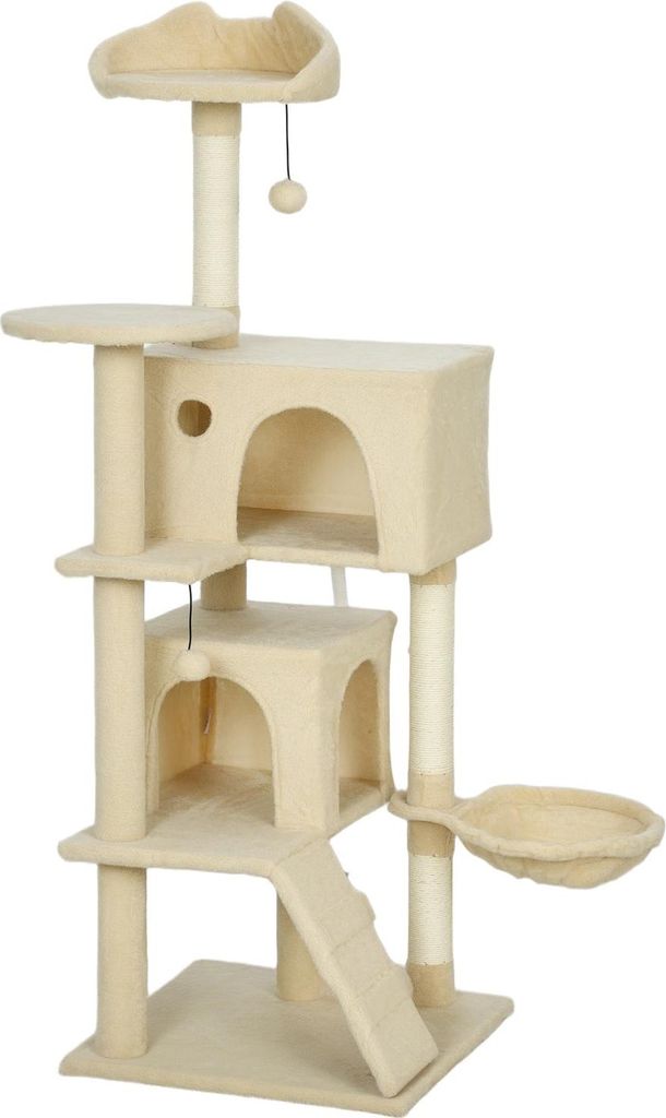 Cat Tree Tower with Hammock, Ladder, Cave, 140 cm, Beige