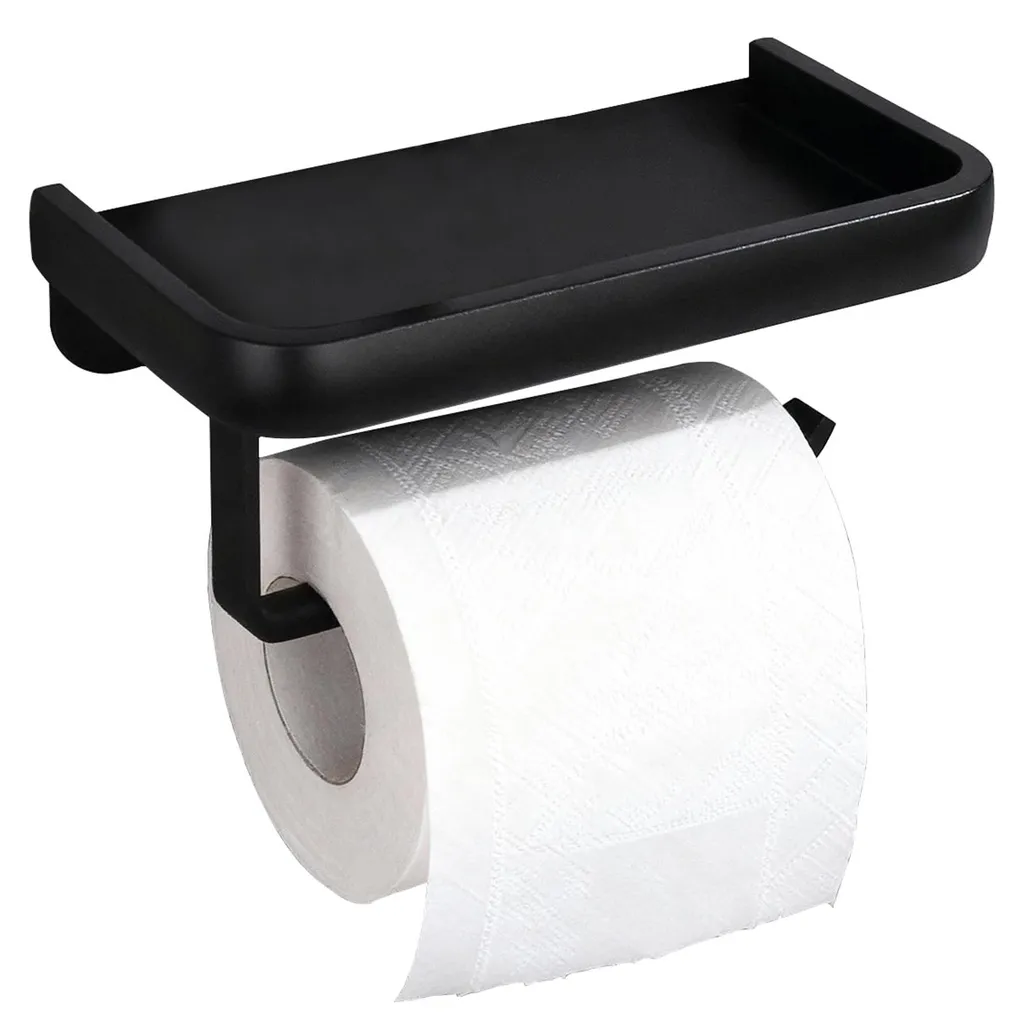 Dérouleur papier WC noir mat en aluminium avec plateau pour téléphone