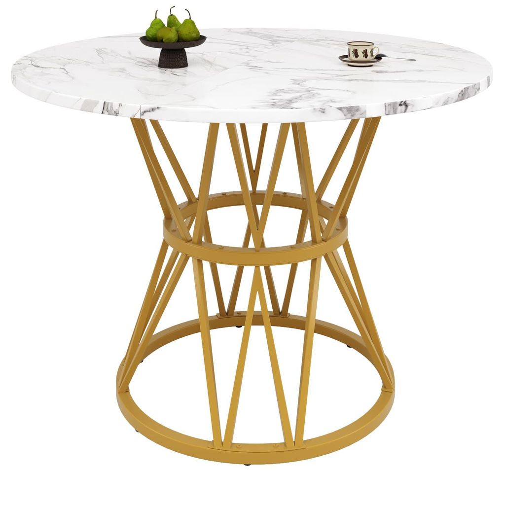 Runder Esstisch,Küchen-Esstisch,Couchtisch für 4 Personen,geeignet für Wohnzimmer, stilvolle Tischbeine aus Metall,Tischplatte aus MDF-Marmor
