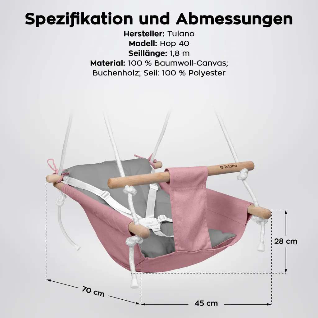 Tulano Hop 40 Altalena Neonato 3in1 in Legno | Fino a 60kg | Rosa-Grigio - 9