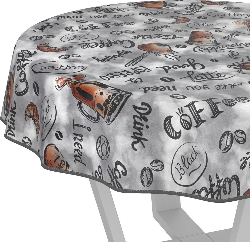 Tischdecke wasserabweisend abwaschbar Grau Rund 140cm Band Genuß Kaffee Wachstuch Gartentischdecke