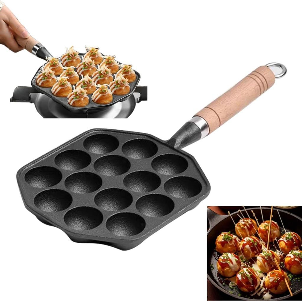 Takoyaki-Pfanne, Toasterpfanne, 14 Mulden, 3,6 cm große Mulden, Takoyaki-Grillpfanne, Taiyaki-Pfanne, Aebleskiver-Gusseisenpfanne, Poffertjes-Pfan...