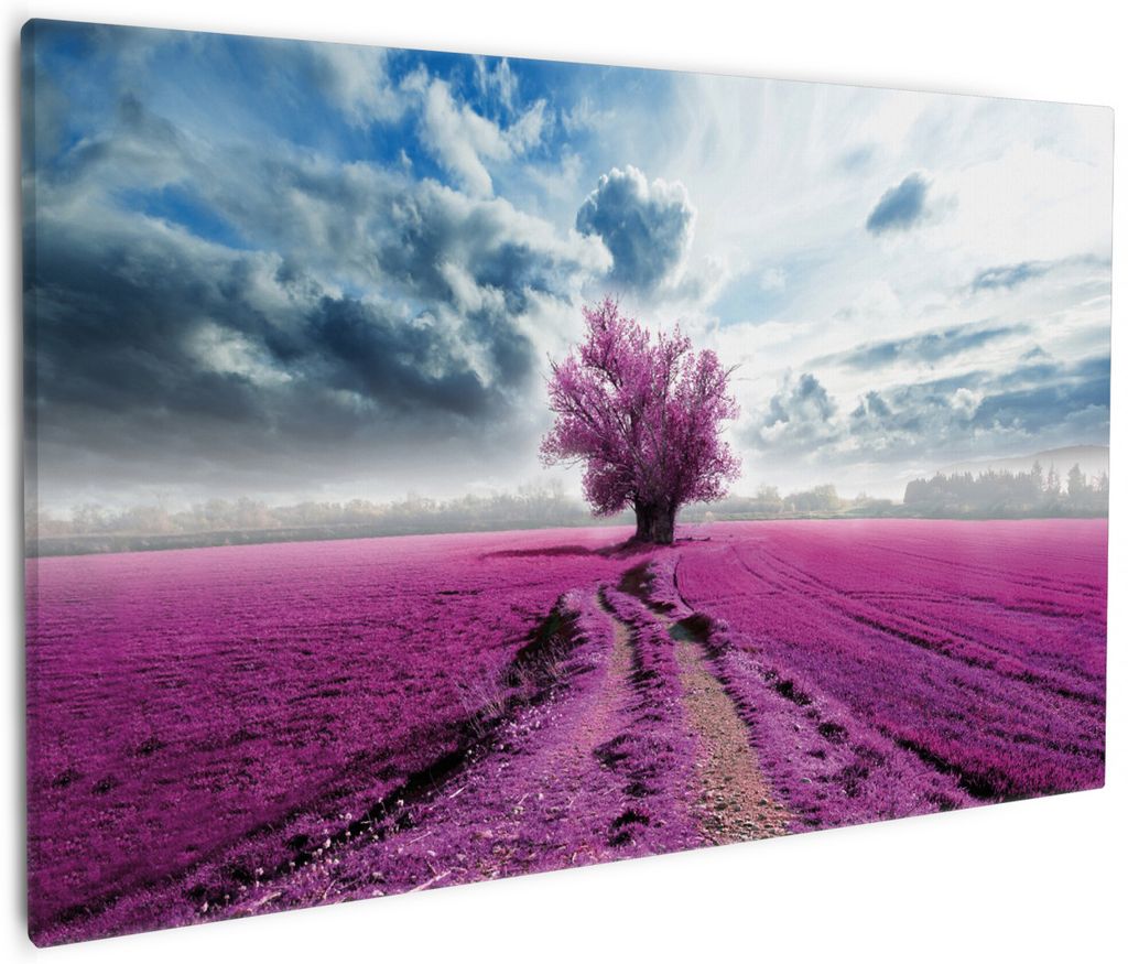 Wallario Premium Leinwandbild Surreales Blumenfeld lila Blumen auf dem Feld in Größe 60 x 90 cm