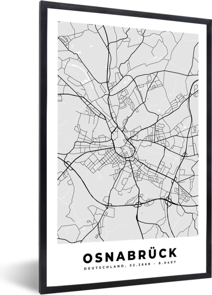 MuchoWow Gerahmtes Poster Osnabrück - Karte - Stadtplan - Deutschland 40x60 cm - Poster mit Schwarzem Bilderrahmen Wandposter Rahmen Foto Bilder...