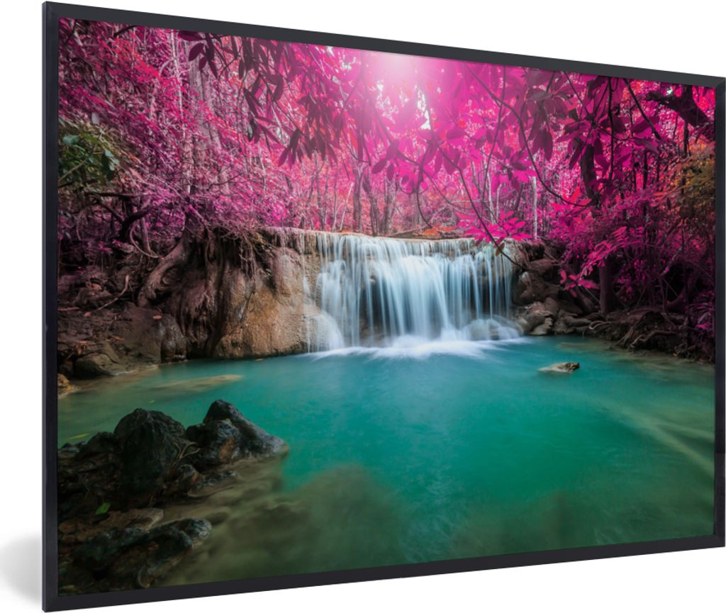 MuchoWow Gerahmtes Poster Wasserfall - Baum - Rosa - Natur 30x20 cm - Poster mit Schwarzem Bilderrahmen Wandposter Rahmen Foto Bilder - Kunstdruc...