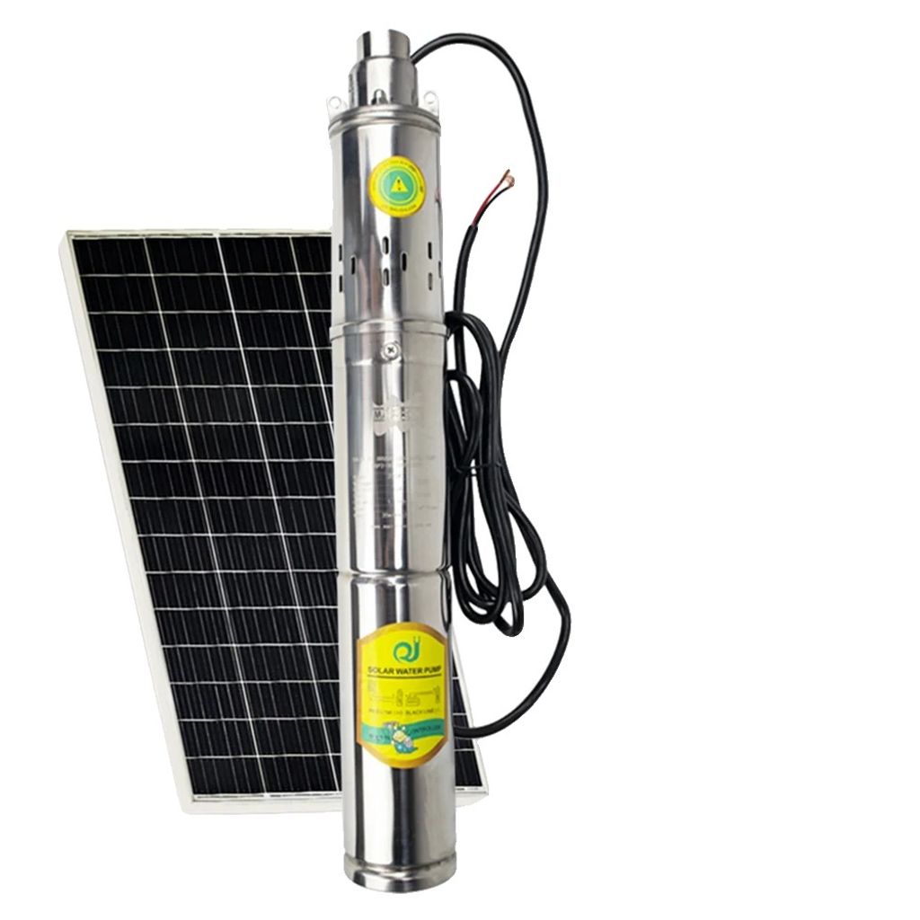 A solar-powered submersible water pump and a solar panel are shown against a white background.