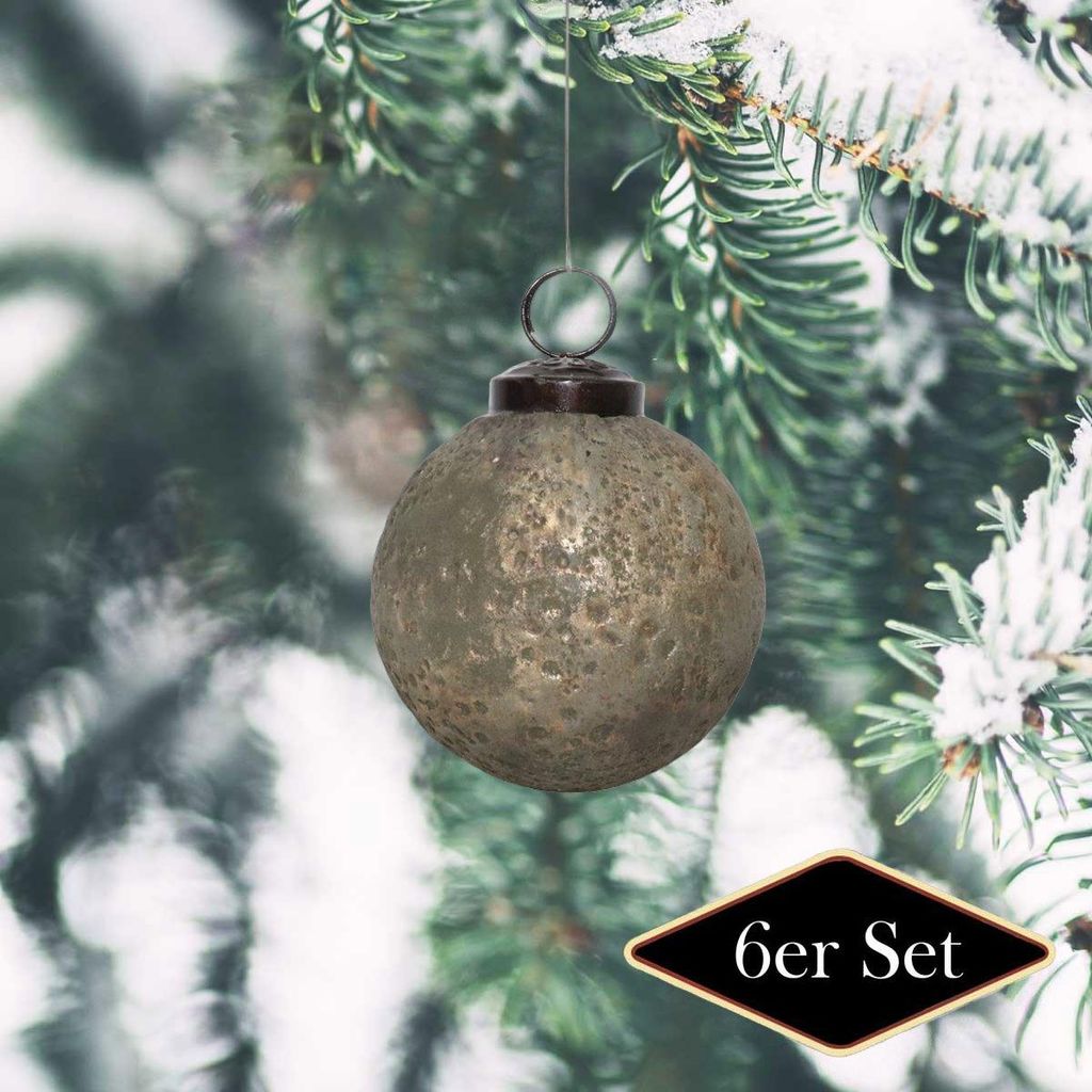 Premium Weihnachtskugeln rund grau matt patiniert – handgemacht in Indien, 8 cm