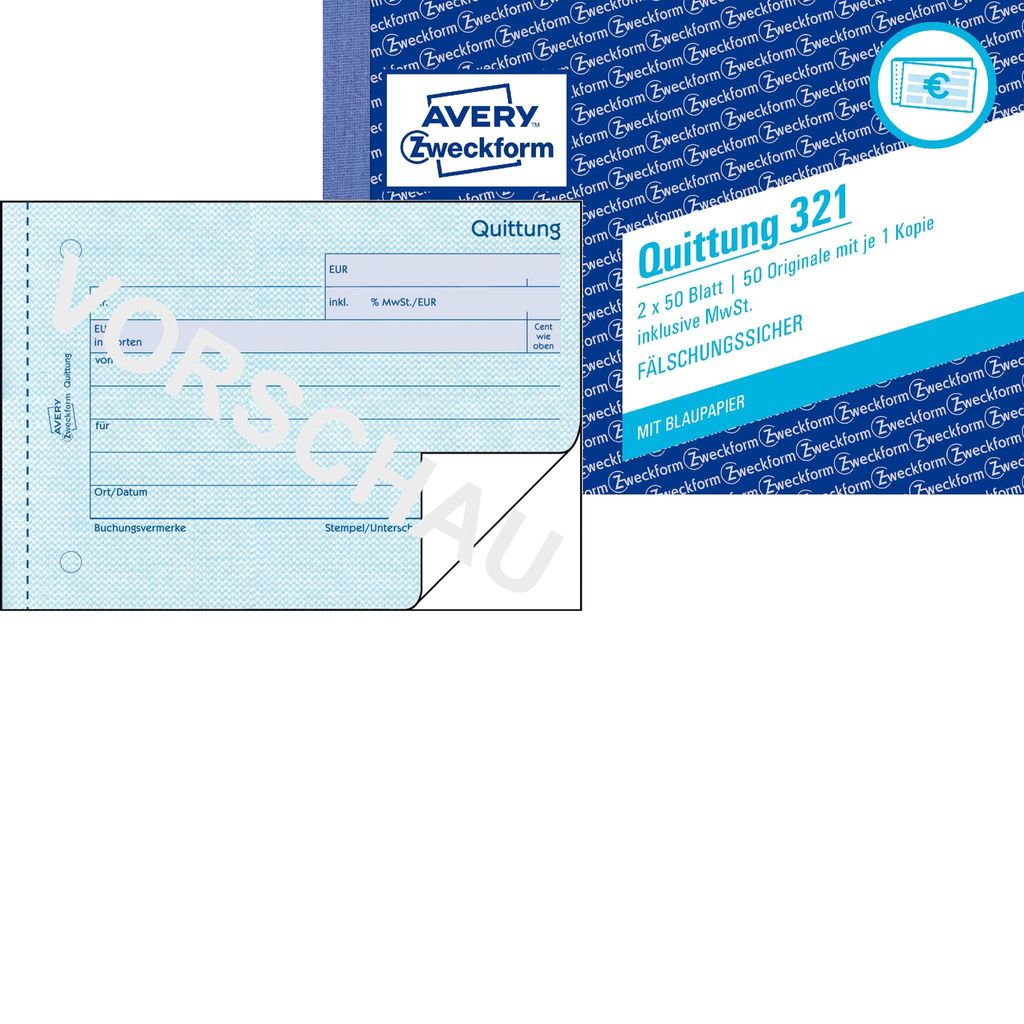 Avery Zweckform 321, Quittung inkl. MwSt., A6 quer, mit Produktbild 