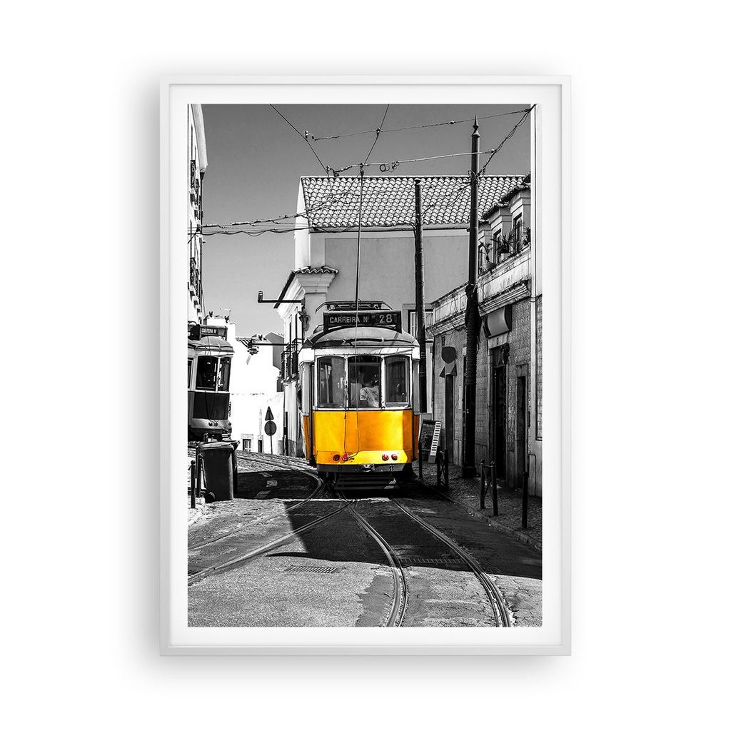 Gerahmtes Poster - Weißer Rahmen - Straßenbahn Portugal Lissabon - 70x100 cm - Wand Bild - Wanddeko - Wandbilder - Kunstposter - Wandposter - Bil...
