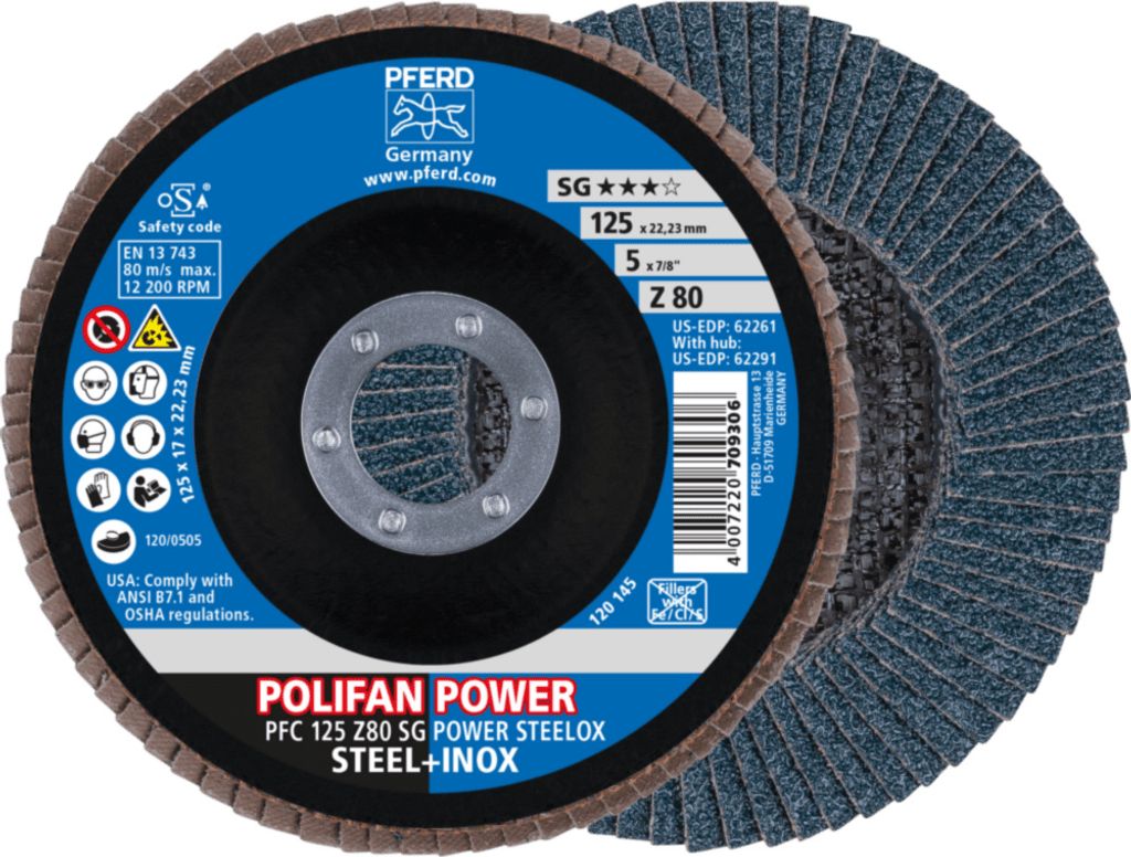 PFERD TOOLS POLIFAN POWER Fächerscheibe PFC 125x22,23 mm konisch Z80 SG STEELOX Stahl/Edelstahl