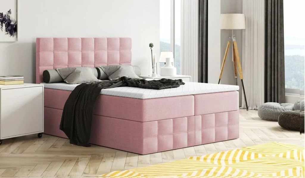 Bett, Boxspringbett MERA PREMIUM mit Bettkästen, VISCO Topper, Doppelbett, Stauraum, Schlafzimmer, Polsterbett, 160x200 cm (Rosa - Enzo 152)
