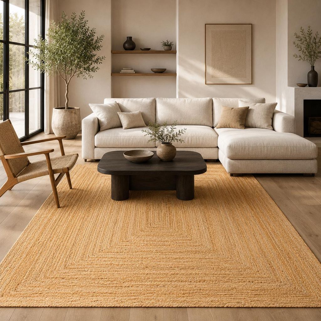 Naturfaser Teppich Handgefertigt Jute Salsa Bordüre Beige, Produktbild 